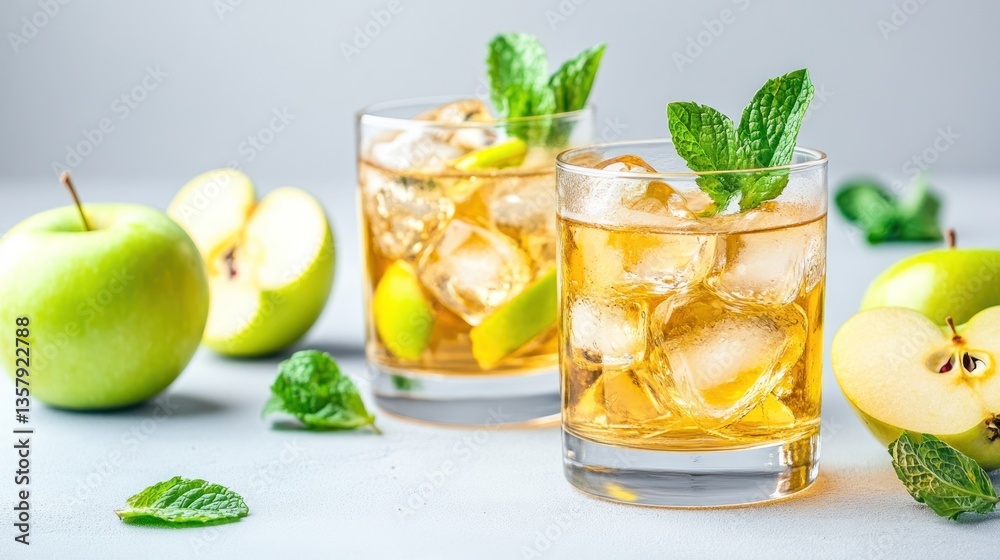 Fototapeta premium Refreshing Iced Apple Mint Drinks with Apples