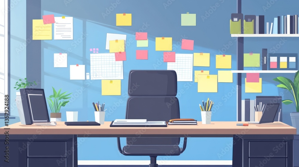 Organized Office Workspace with Sticky Notes and Desk Accessories for Productivity and Planning
