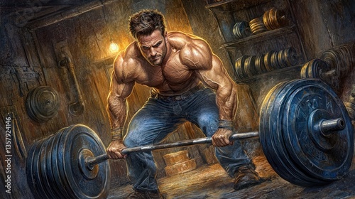 Powerful Athlete Lifting Heavy Weights in a Rustic Gym Setting Muscular Bodybuilder Performing