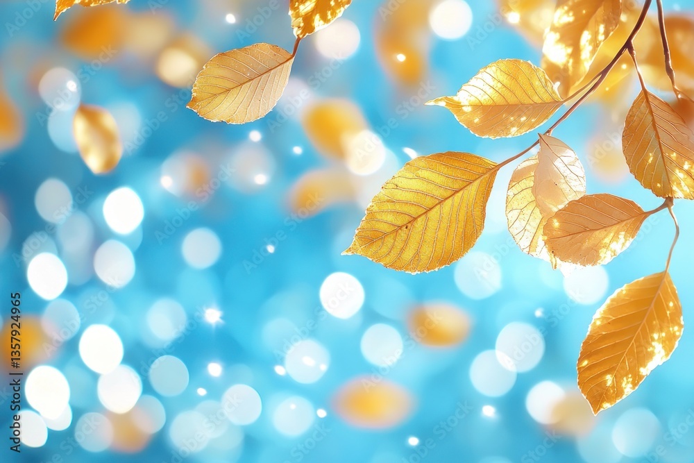 Golden Autumn Leaves Against A Blue Bokeh Background Golden Autumn Leaves Against A Blue Bokeh Background
