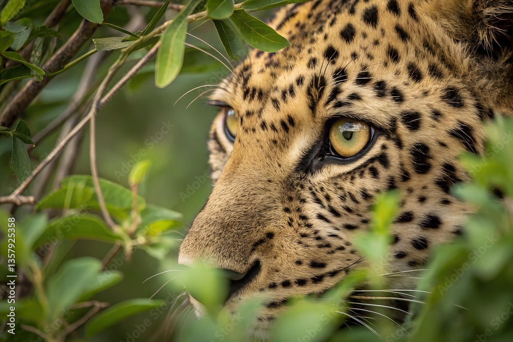 Naklejka premium close-up of leopard eye looking through dense green foliage in wild jungle, intense gaze of predator in natural camouflage and wildlife habitat