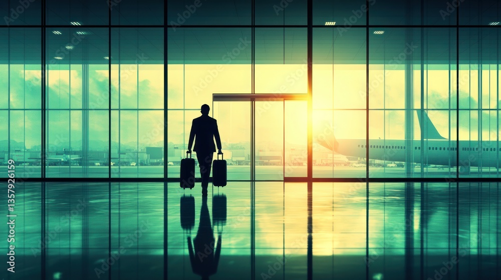 Silhouette of a traveler with luggage walking towards the airport terminal ready for departure Silhouette of a traveler with luggage walking towards the airport terminal ready for departure