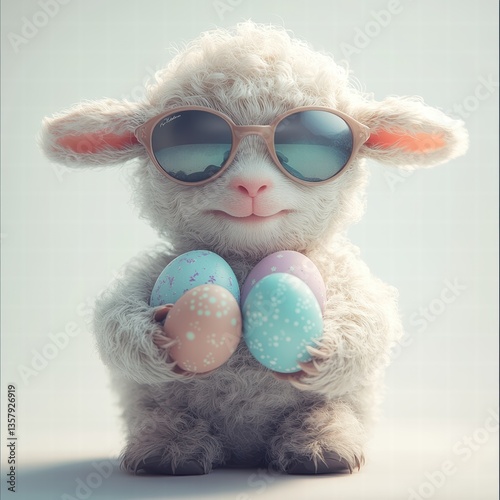 Adorable Lamb with Easter Eggs, selective focus