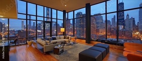 A modern living room with comfortable furniture and large windows allowing natural light in