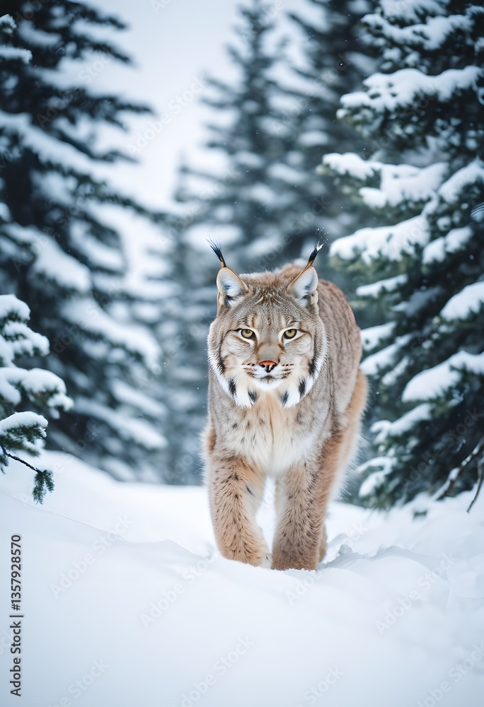 Eurasian Lynx in Snowy Coniferous Forest Eurasian Lynx in Snowy Coniferous Forest