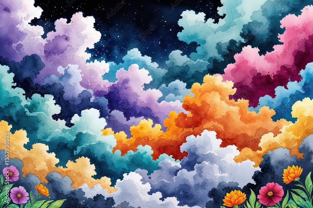 Fototapeta premium Vibrant Watercolor Festival Sky Illustration with Fluffy Clouds in Orchid Slate Mint Marigold and Ruby