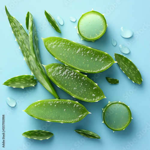 Wallpaper Mural Aloe vera leaves displayed on a light blue background Torontodigital.ca
