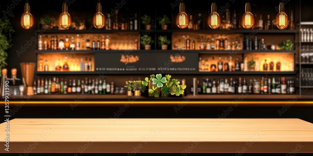 Wooden Tabletop Before Blurred Bar Background With Clover Wooden Tabletop Before Blurred Bar Background With Clover