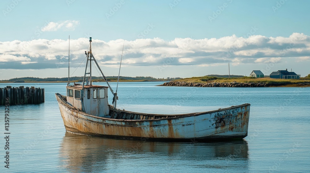 An old weathered fishing boat floats peacefully on the water An old weathered fishing boat floats peacefully on the water