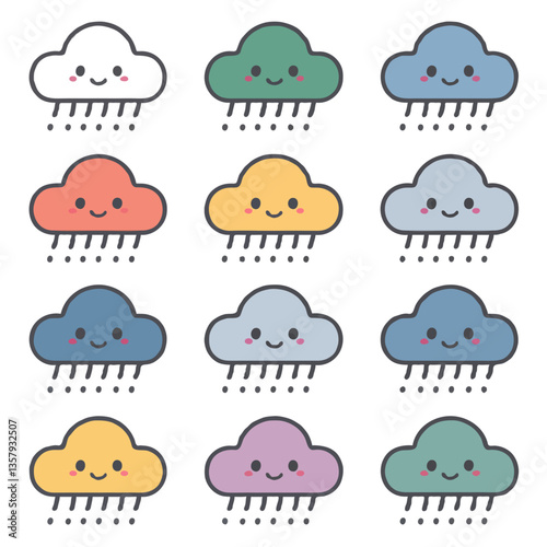 weather icons set of assorted color rain clouds with faces cute vector illustration