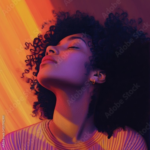 Vibrant Portrait of a Woman with Curly Hair Against a Radiant Background