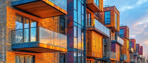 Modern apartment complex at sunset, showcasing diverse architectural design and warm tones. Balconies and large windows are prominent features