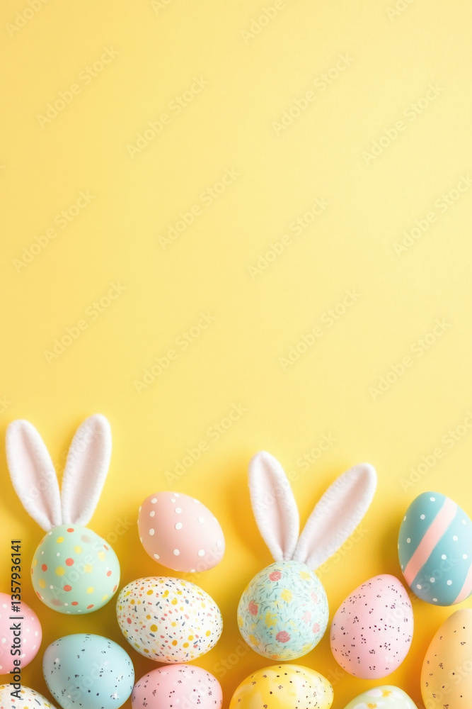 Easter celebration concept. Top view vertical photo of colorful easter eggs and easter bunny ears on isolated yellow background with empty space Easter celebration concept. Top view vertical photo of colorful easter eggs and easter bunny ears on isolated yellow background with empty space