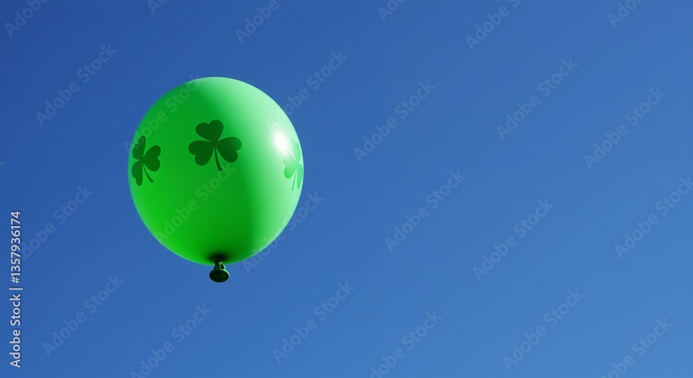 Obraz premium Green balloon with shamrock patterns floating in a bright blue sky, conveying a festive and cheerful mood, perfect for celebrations and events
