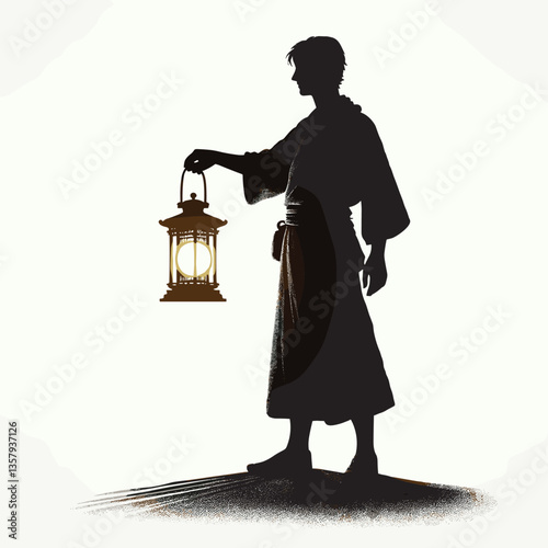Silhouette of Person Holding Lantern Mysterious Night Scene in Dark Minimalist Silhouette Style