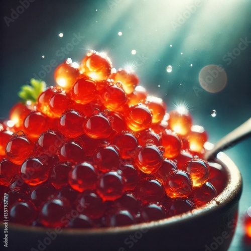 A close-up of vibrant red caviar, glistening under soft lighting. The delicate, translucent fish eggs are piled elegantly in a bowl