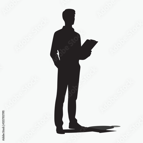 Business Professional Silhouette Standing Man with Clipboard - Simple Dark Silhouette Art