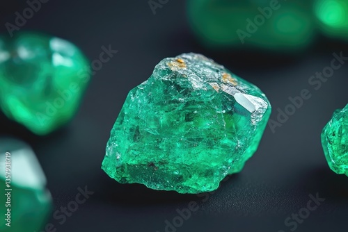Vibrant green gemstones, rough, uncut, close-up