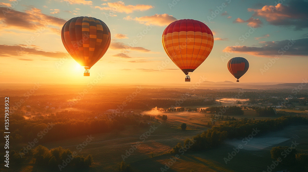 Fototapeta premium Hot air balloons rise at sunrise over a tranquil landscape