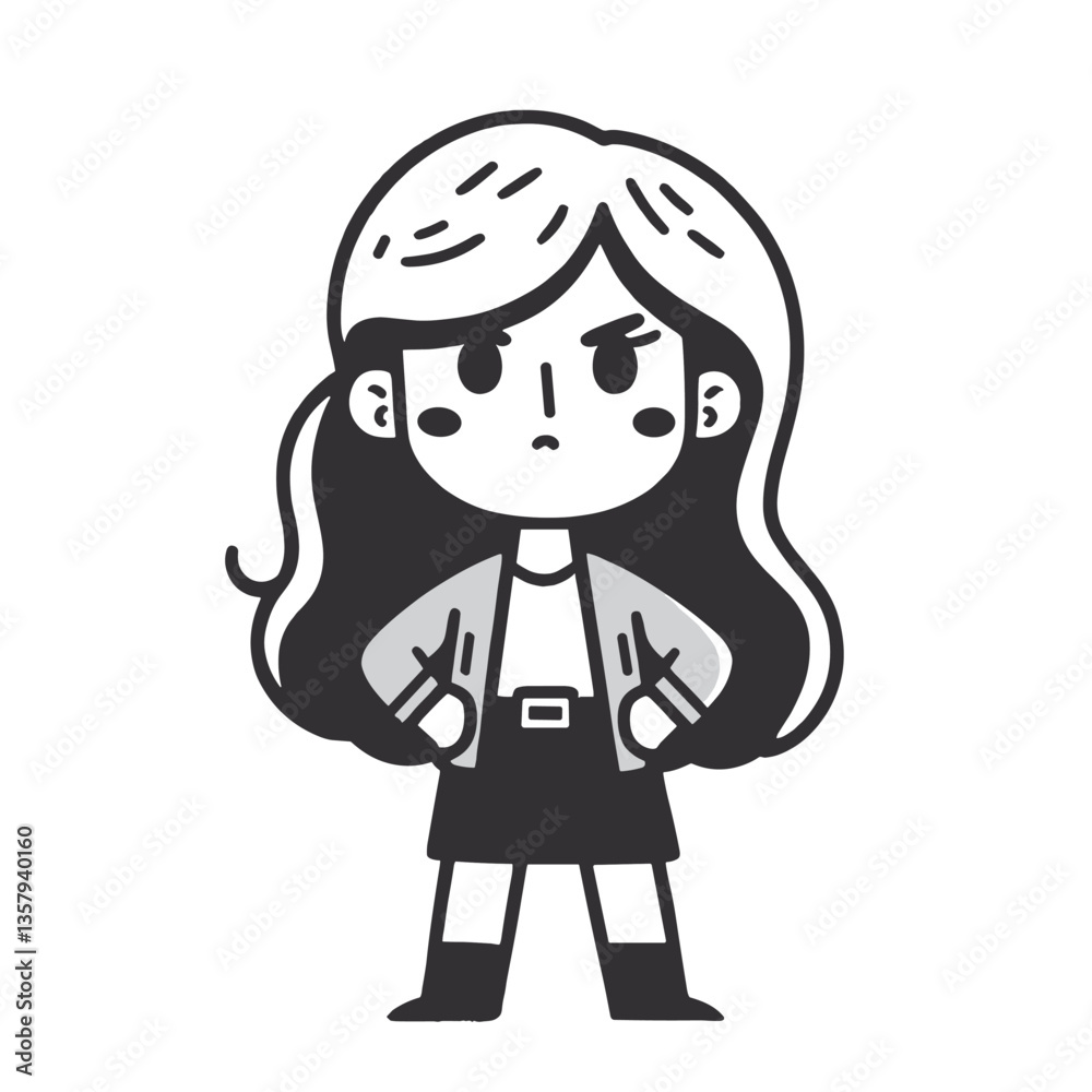 Confident Young Girl in Anime Style Black and White Illustration Confident Young Girl in Anime Style Black and White Illustration