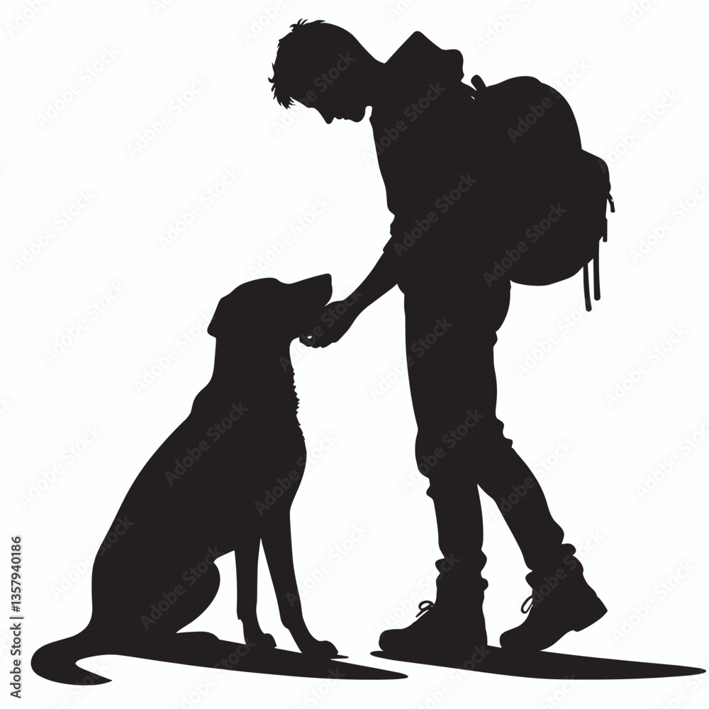 Silhouette of Person and Dog in Bonding Moment - Black and White Illustration Silhouette of Person and Dog in Bonding Moment - Black and White Illustration