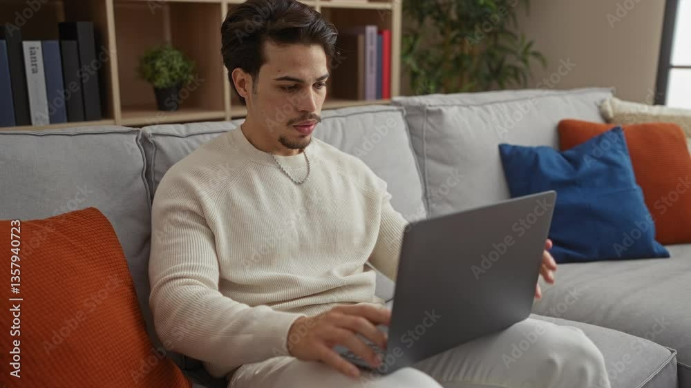 Hispanic man using laptop indoors in stylish living room, surrounded by books and colorful cushions, creating a relaxed home workspace environment. Hispanic man using laptop indoors in stylish living room, surrounded by books and colorful cushions, creating a relaxed home workspace environment.