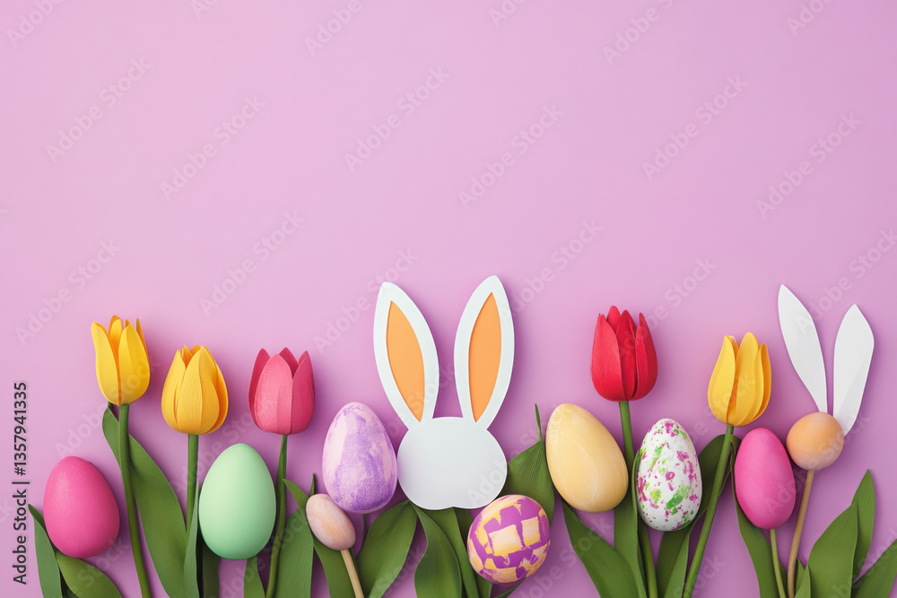 Easter concept. Top view photo of rabbit bunny ears colorful easter eggs and tulips flowers on isolated lilac background with empty space Easter concept. Top view photo of rabbit bunny ears colorful easter eggs and tulips flowers on isolated lilac background with empty space