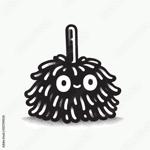 Cute Happy Mop Character in Black and White Cartoon Illustration