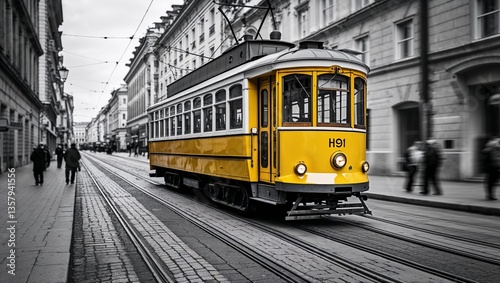 Vintage Yellow Tram in City Street