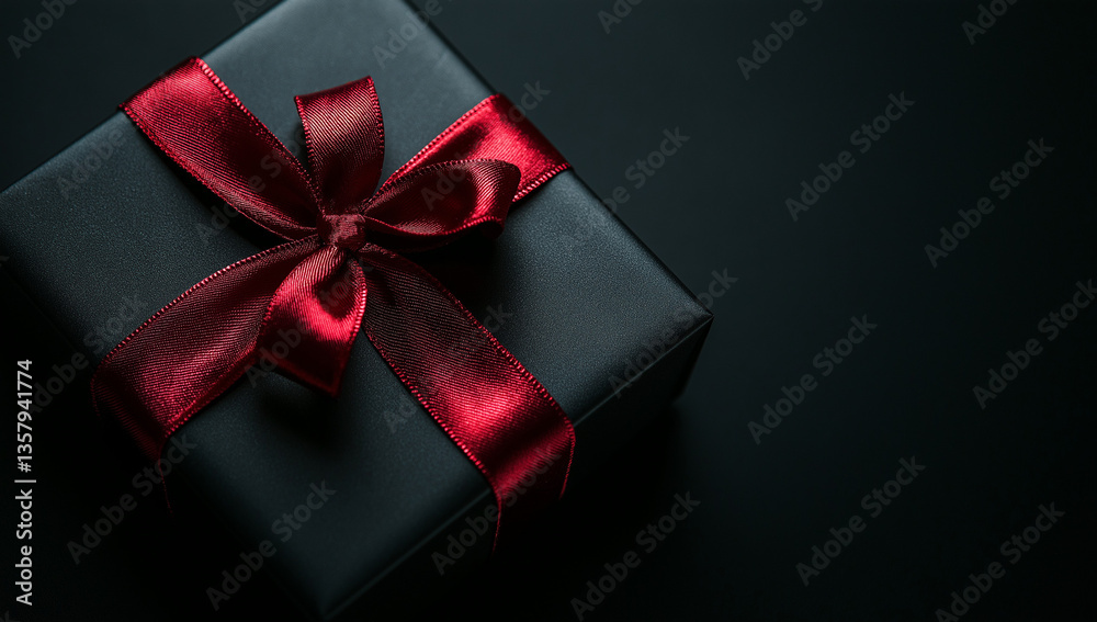 Black gift box with red ribbon on dark background in high detail Black gift box with red ribbon on dark background in high detail