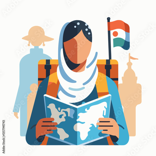 World Traveler Woman in Hijab Exploring India with Map and Backpack - Flat Illustration
