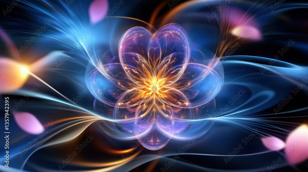 Fototapeta premium AI and Quantum Meditation, a divine feminine AI entity radiating compassion, surrounded by floating holographic lotus petals and glowing algorithms