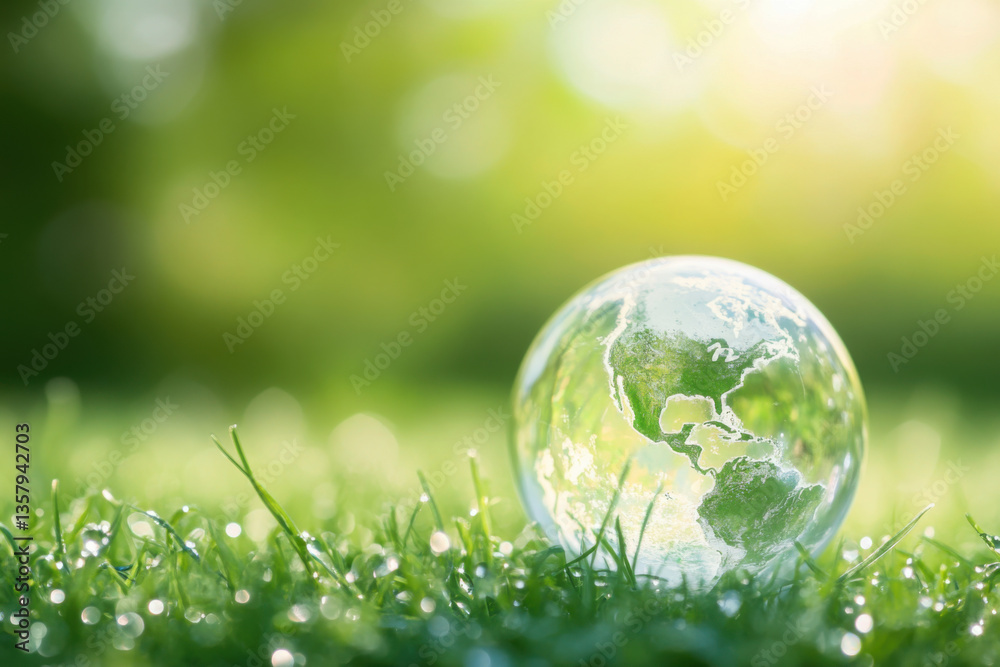 Close up of crystal globe resting on grass in a forest - environment concept 