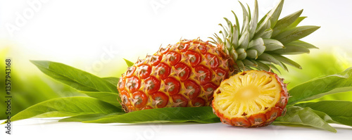 Whole ripe pineapple with green leaves and sliced cross section placed on clean isolated white background tropical fruit concept