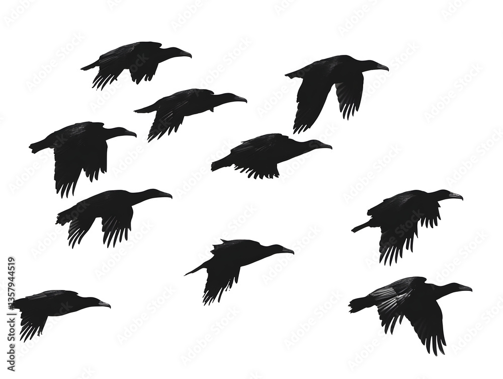 Fototapeta premium Silhouette Illustration Flying Birds Group Migration Against Black Background
