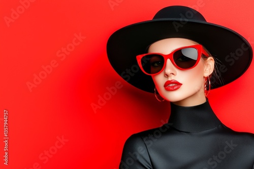 Stylish woman in black outfit and red sunglasses against a vibrant red background