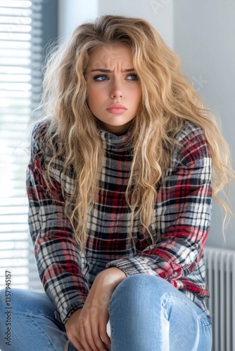 A young woman with long, wavy hair sitting pensively in a cozy sweater