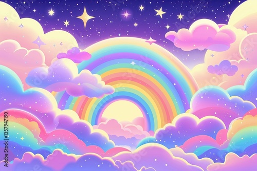 Holographic Rainbow Sky Background with Clouds and Stars in Pastel Colors Dreamy Abstract Landscape Illustration