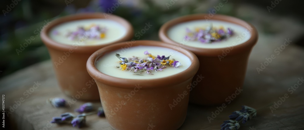 Three elegant cups of soup adorned with flowers, beautifully arranged on a rustic wooden table, creating a warm and inviting atmosphere. Three elegant cups of soup adorned with flowers, beautifully arranged on a rustic wooden table, creating a warm and inviting atmosphere.