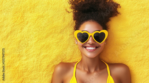 young woman wearing funny yellow sunglasses in heart shape against yellow background