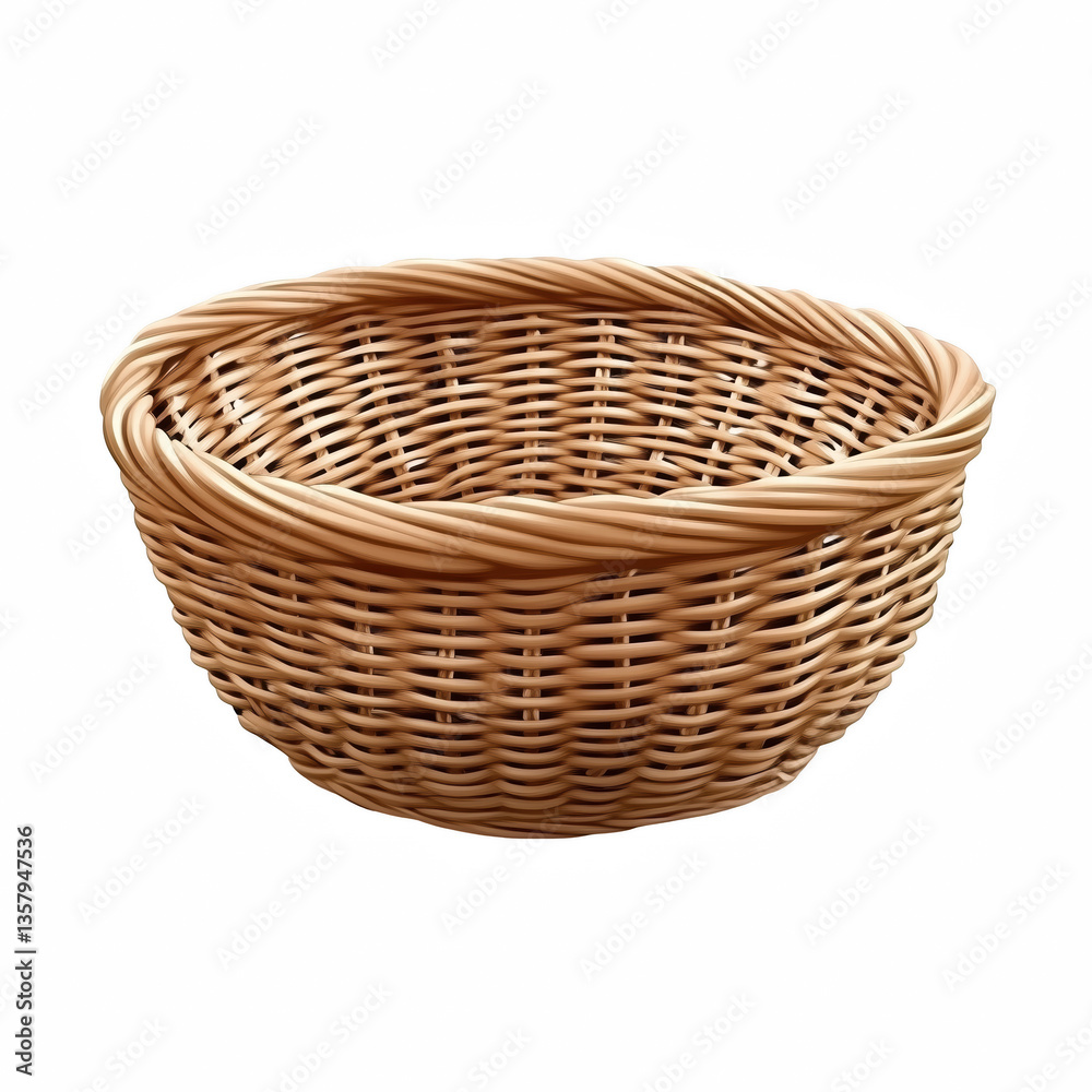 Realistic round wicker basket made from natural rattan in warm brown tone, traditional handwoven container for home or food use, isolated on transparent background. Realistic round wicker basket made from natural rattan in warm brown tone, traditional handwoven container for home or food use, isolated on transparent background.