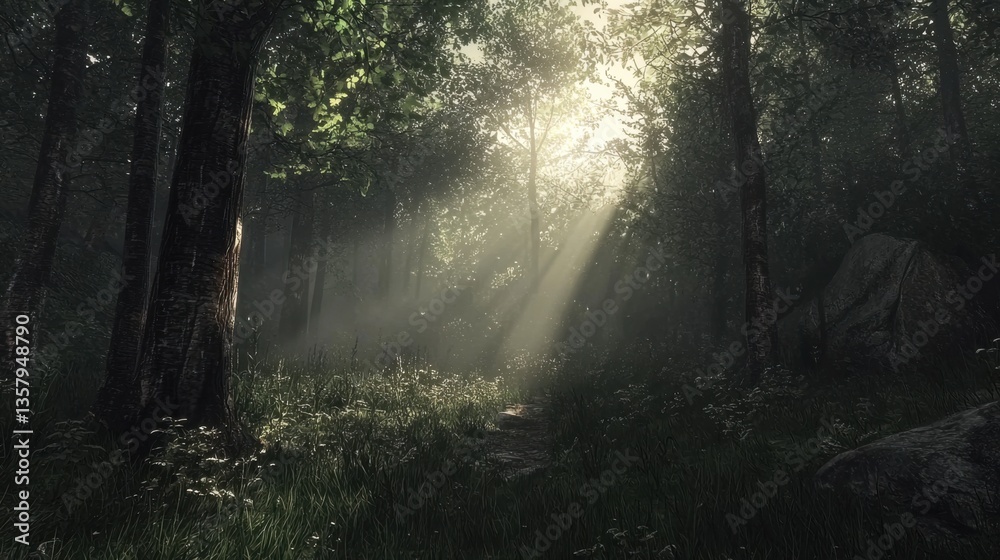 Naklejka premium Sunlight filters through a dense forest, creating an ethereal atmosphere. Lush greenery and fog enhance the natural beauty.