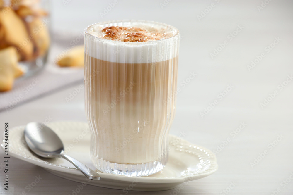 Tasty latte macchiato in glass on white table, space for text. Coffee drink Tasty latte macchiato in glass on white table, space for text. Coffee drink