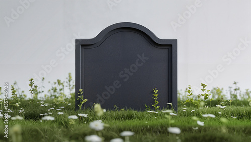 Blank tombstone surrounded by grass and flowers in a serene outdoor setting, Mockup