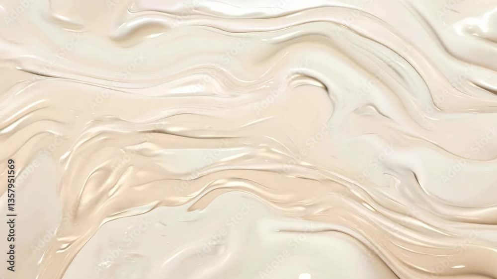Abstract video with a top-down angle showcasing smooth, flowing beige and cream textures, resembling swirling paint or cream, creating a calming effect. Live desktop wallpaper.