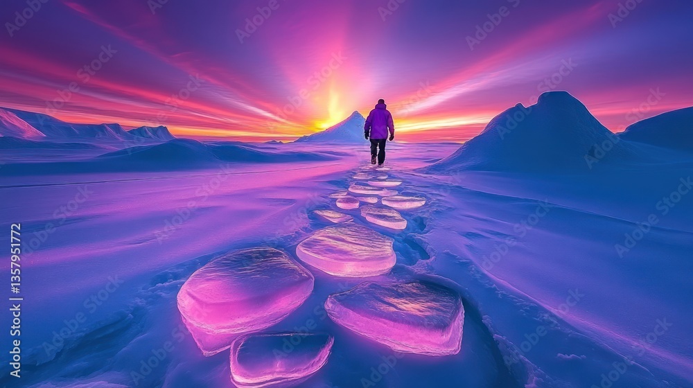 Person walking on ice path towards a vibrant sunset Person walking on ice path towards a vibrant sunset