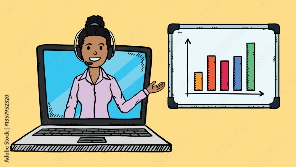Smiling businesswoman on laptop pointing at flipchart. Woman is smiling and has headset on her head. Vector graphics in doodle styles. Smiling businesswoman on laptop pointing at flipchart. Woman is smiling and has headset on her head. Vector graphics in doodle styles.
