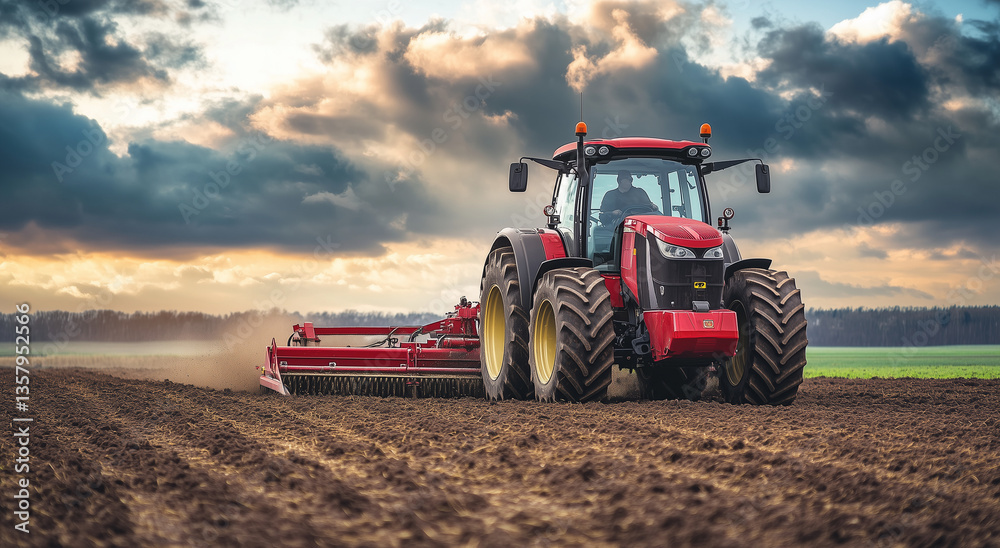 Obraz premium A vibrant red tractor is furrowing a vast field at sunset time