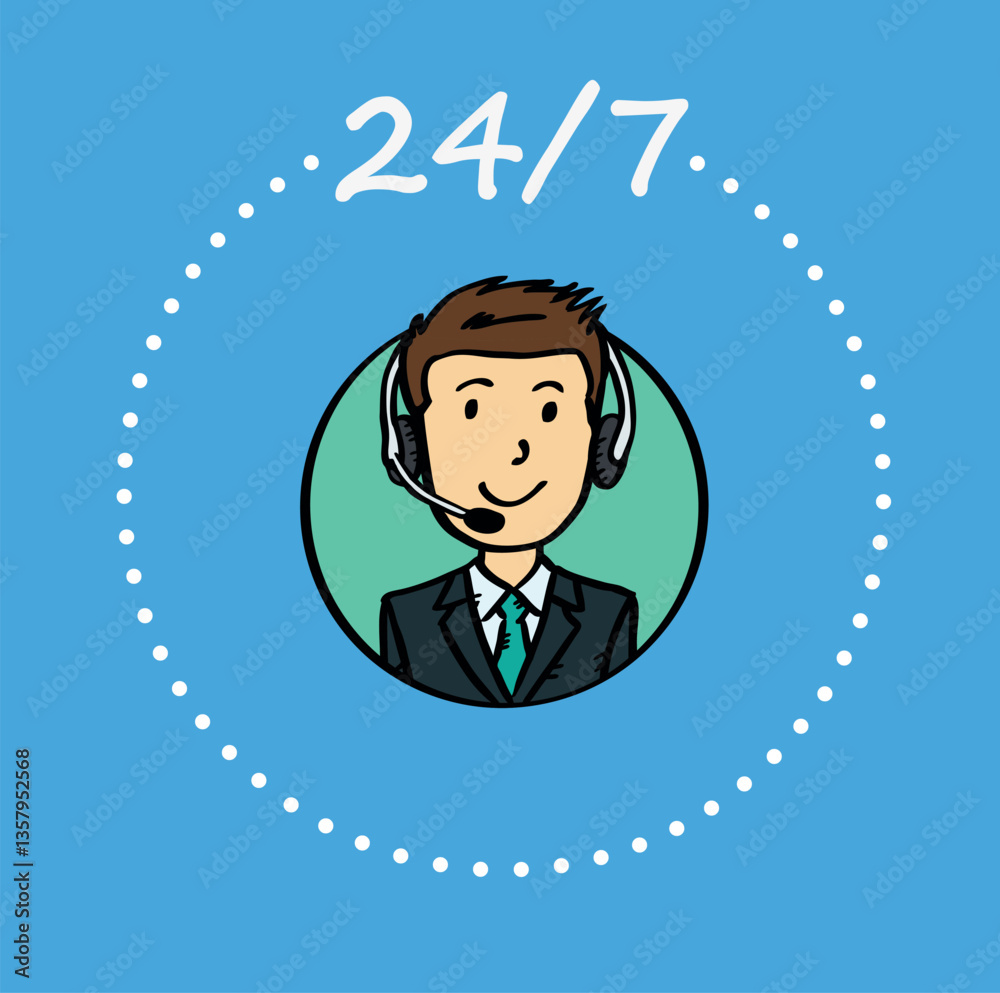 Customer service worker. Hand drawn graphic of businessman avatar with headphones. 24/7 help desk. Sketch style illustration. Customer service worker. Hand drawn graphic of businessman avatar with headphones. 24/7 help desk. Sketch style illustration.