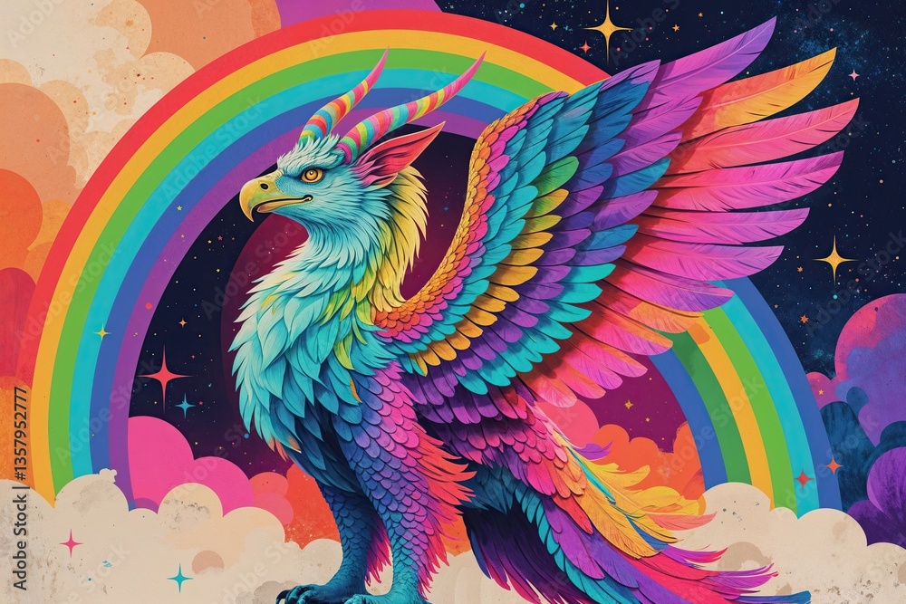 Fototapeta premium Vibrant Griffin Illustration in Surreal Dreamlike Style with Rainbow Arcs and Rich Canvas Textures